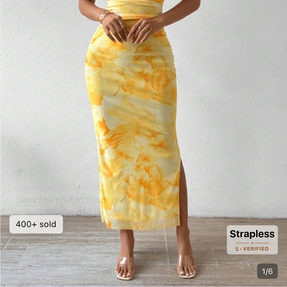 SHEIN Yellow Tie-Dye Strapless Dress with Side Slit